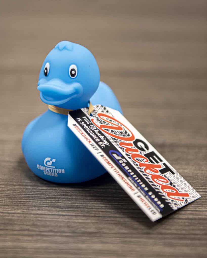 promotional item of a blue rubber duck