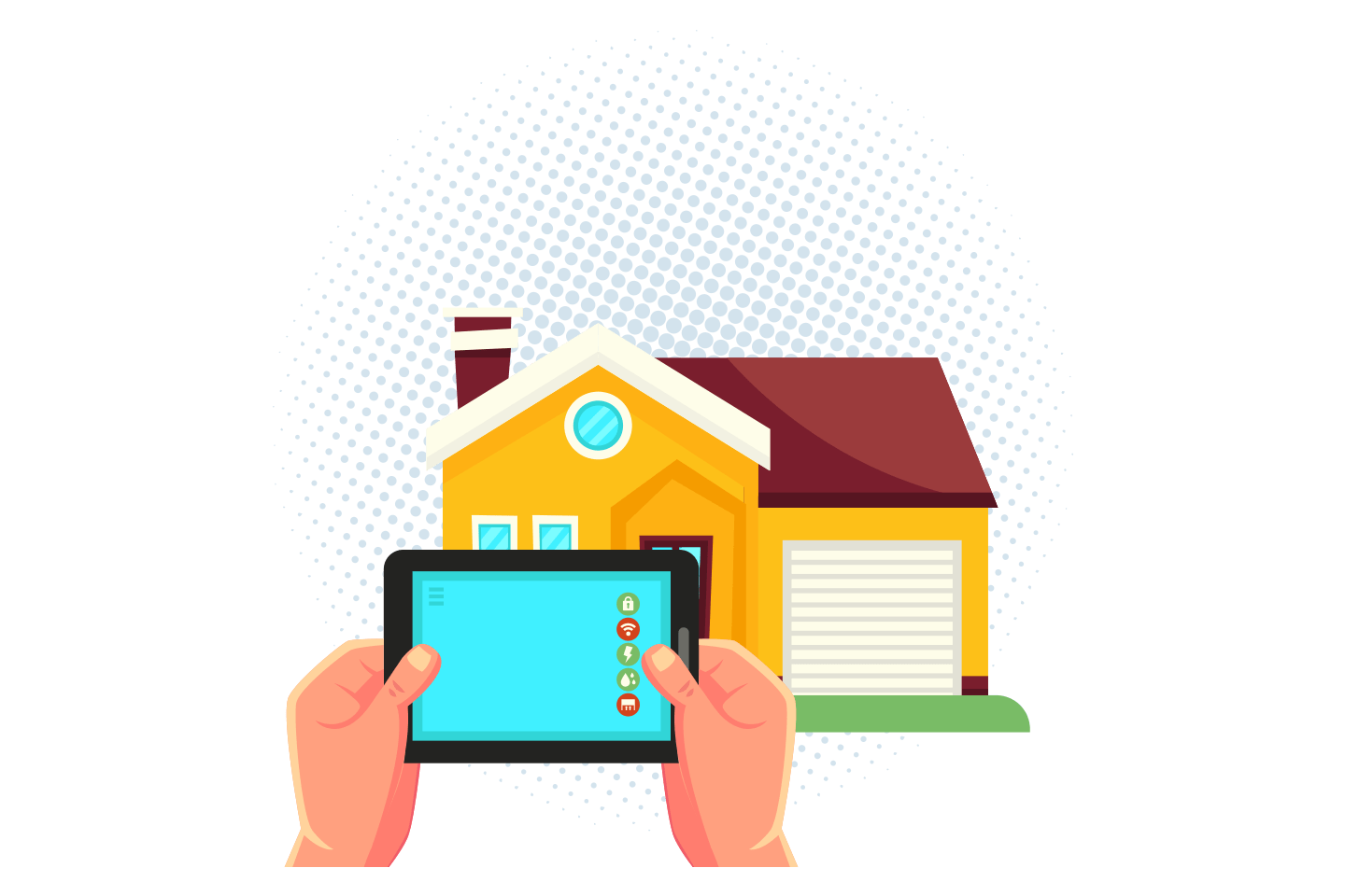 2d image of hands holding a tablet device with a house in the background