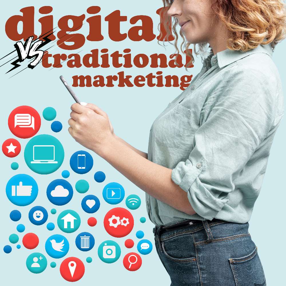 woman looking on her cell phone about traditional vs digital marketing