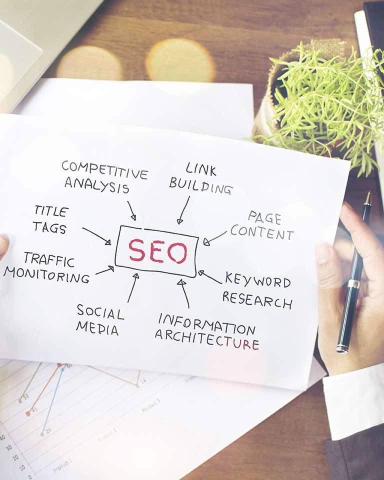 arrow chart with SEO in the middle held in hands about search engine rankings