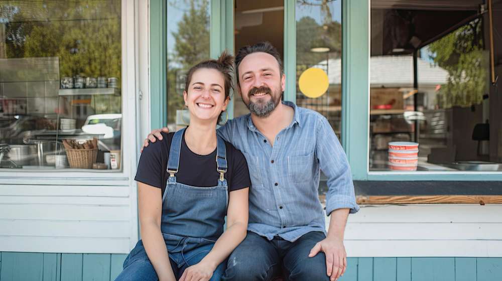 a couple small business oweners smiling and sitting on a bench, free marketing tips article