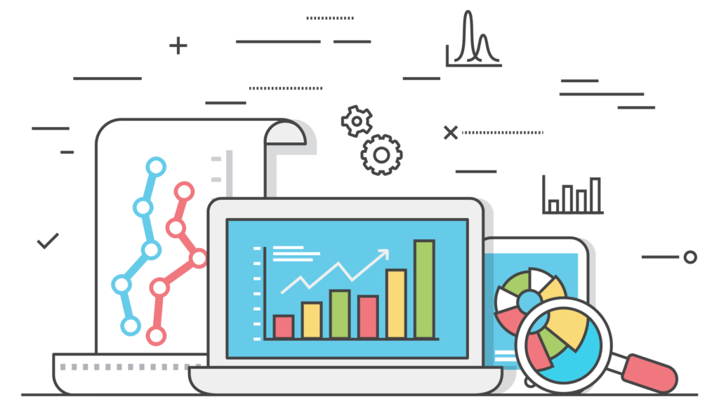 2d vector graphic representing analytics on a laptop, paper and tablet with various symbols hovering over them