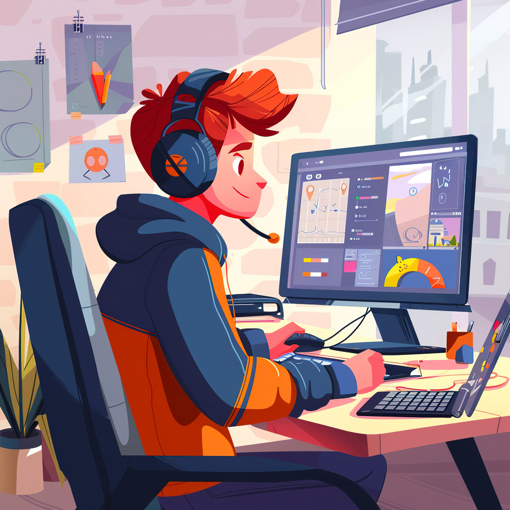 cartoon illustration of male web developer sitting at a desptop working on a professional website, hire a web design company