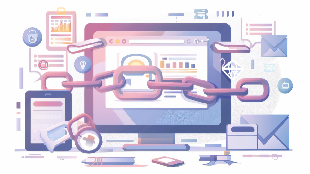 A computer monitor with a chain on it and a bunch of other things on the screen representing link building in search engine optimization