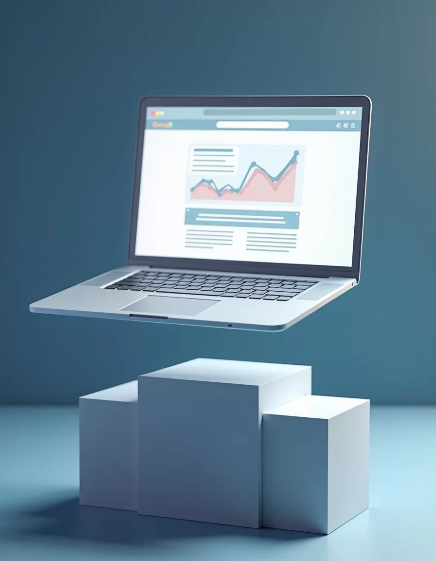 a sleek, modern website on a laptop floating above others, symbolizing high ranking on Google and results of increase domain authority