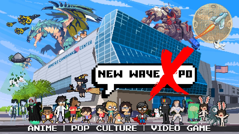 2d pixel graphic of new wave xpo promotional postcard back side