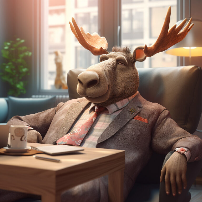 a moose relaxing at his marketing job
