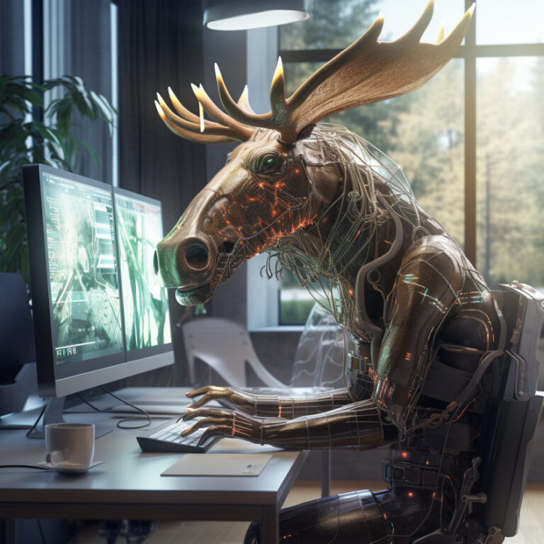 a cybernetic moose working with Aight in digital marketing in an office