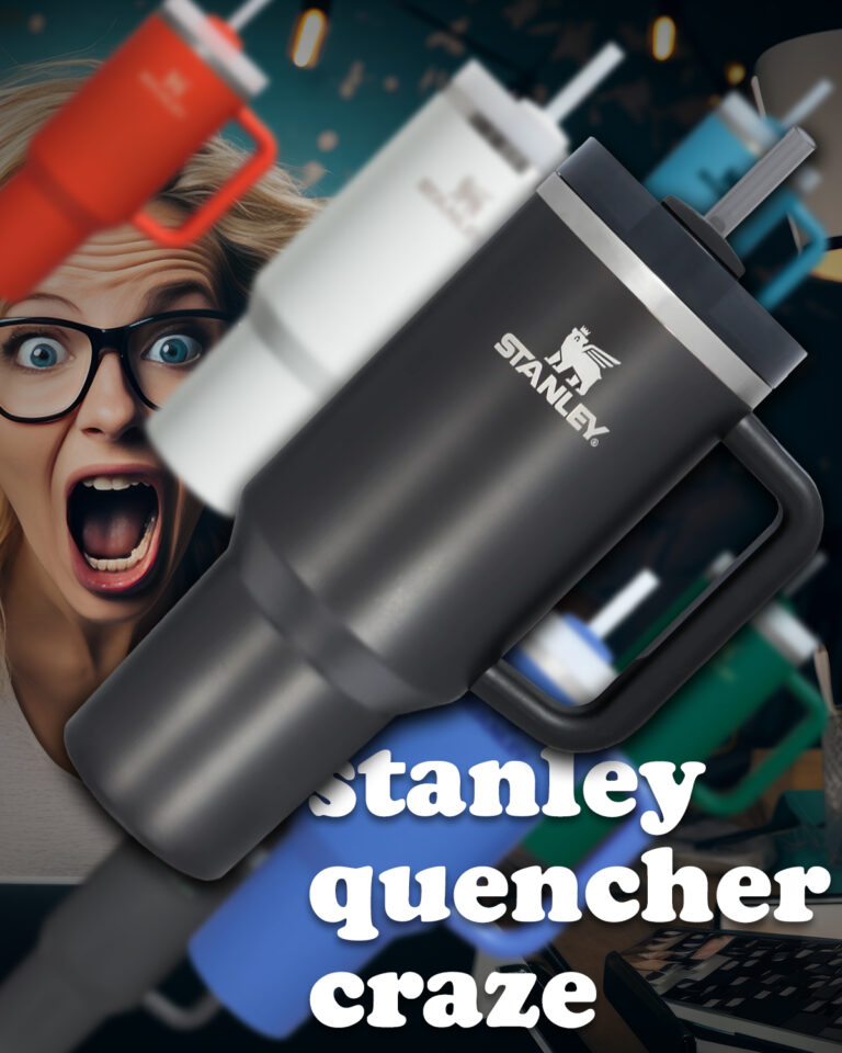 a graphic of stanley quencher tumblers and woman going crazy in background