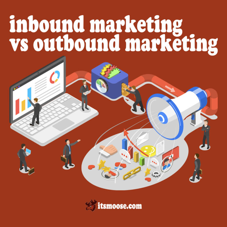 graphic with white text inbound marketing vs outbound marketing and isomateric figures and icons