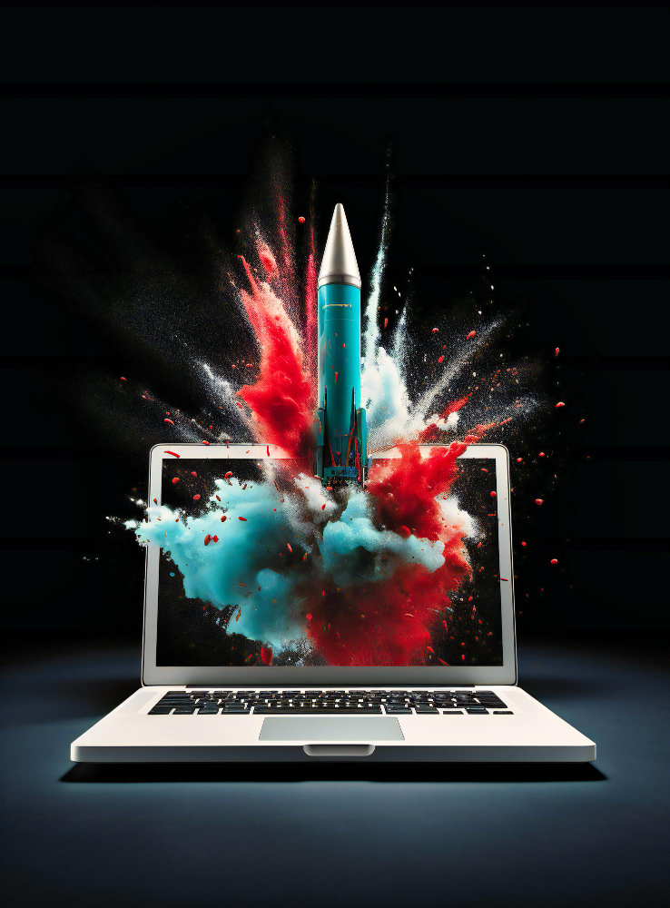 a rocket bursting out of a laptop with red and blue smoke representing growing link building success