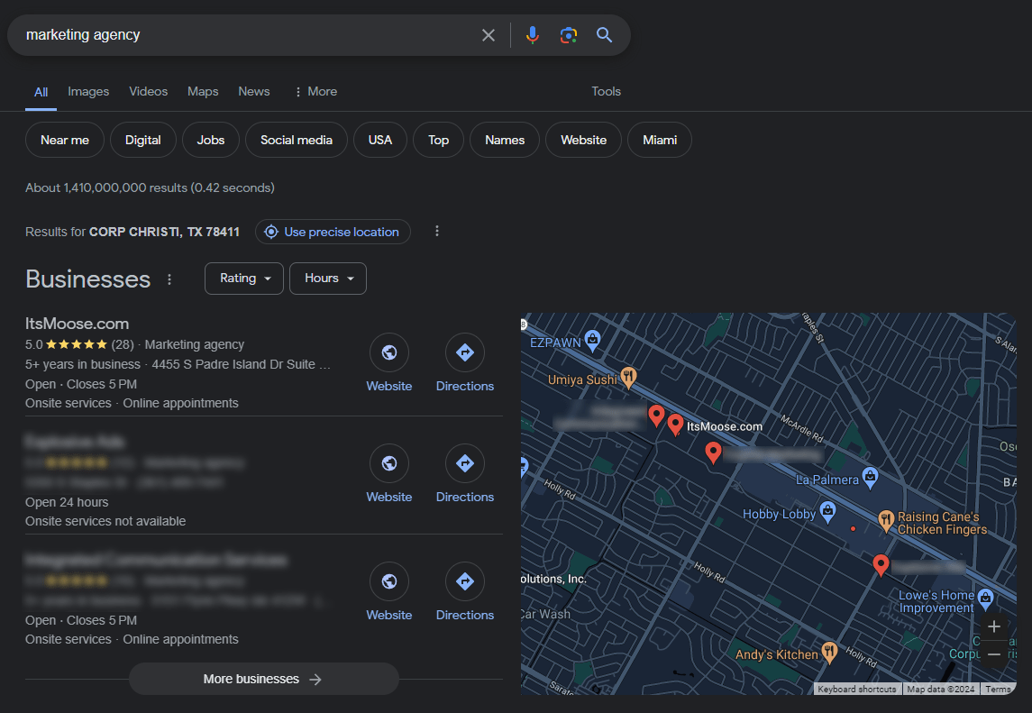 itsmoose.com ranking first on local seo with google local pack, google map pack screenshot