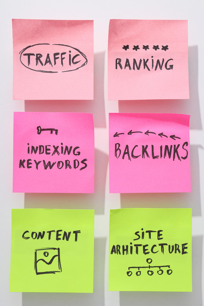 colored Post-Its with different SEO work written on each of them regarding SEO services and strategy