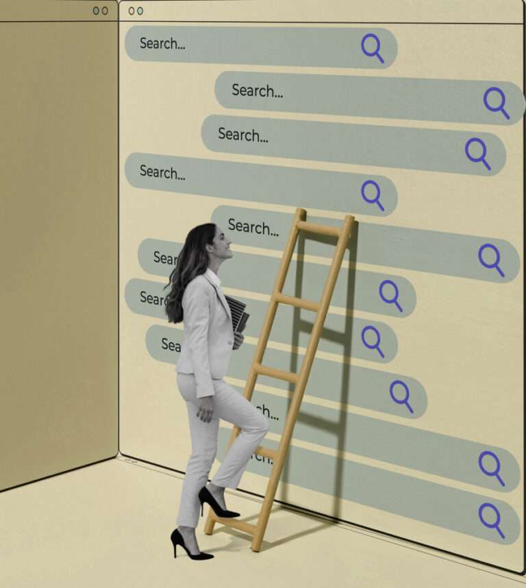 woman climbing a ladder toward multiple search bar graphics for local seo