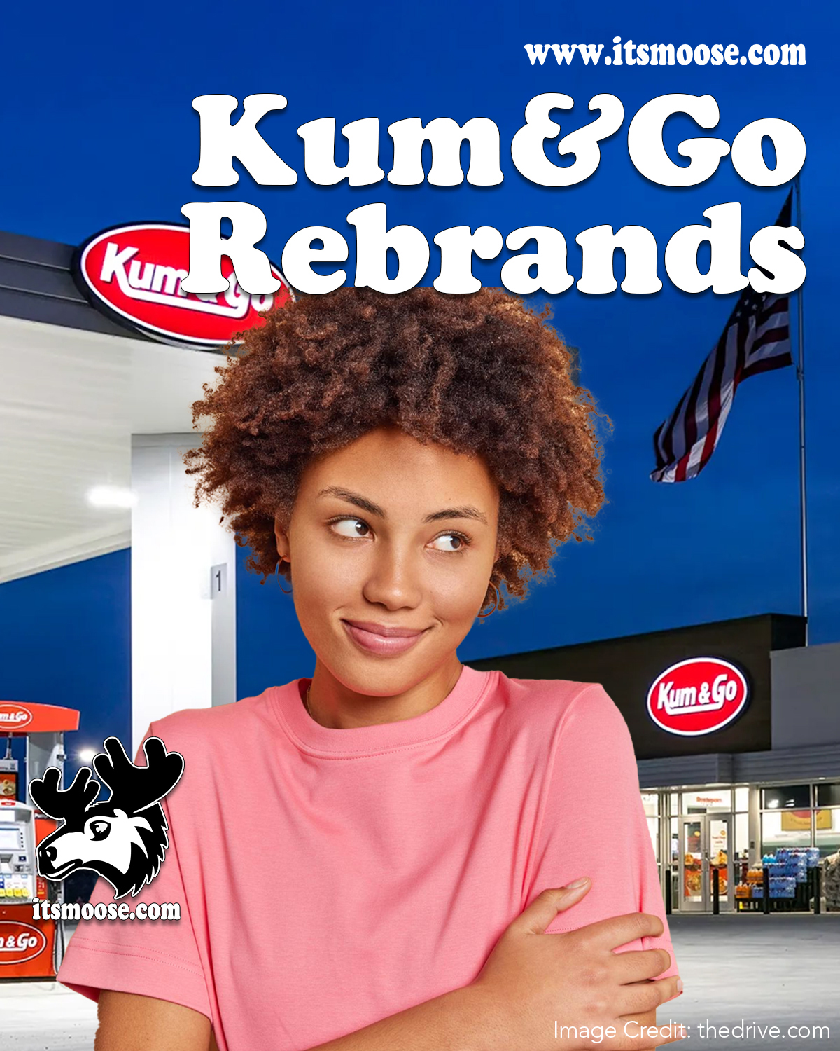 an image of a woman smirking about the kum & go rebranding in the foreground of a kum & go convenient store