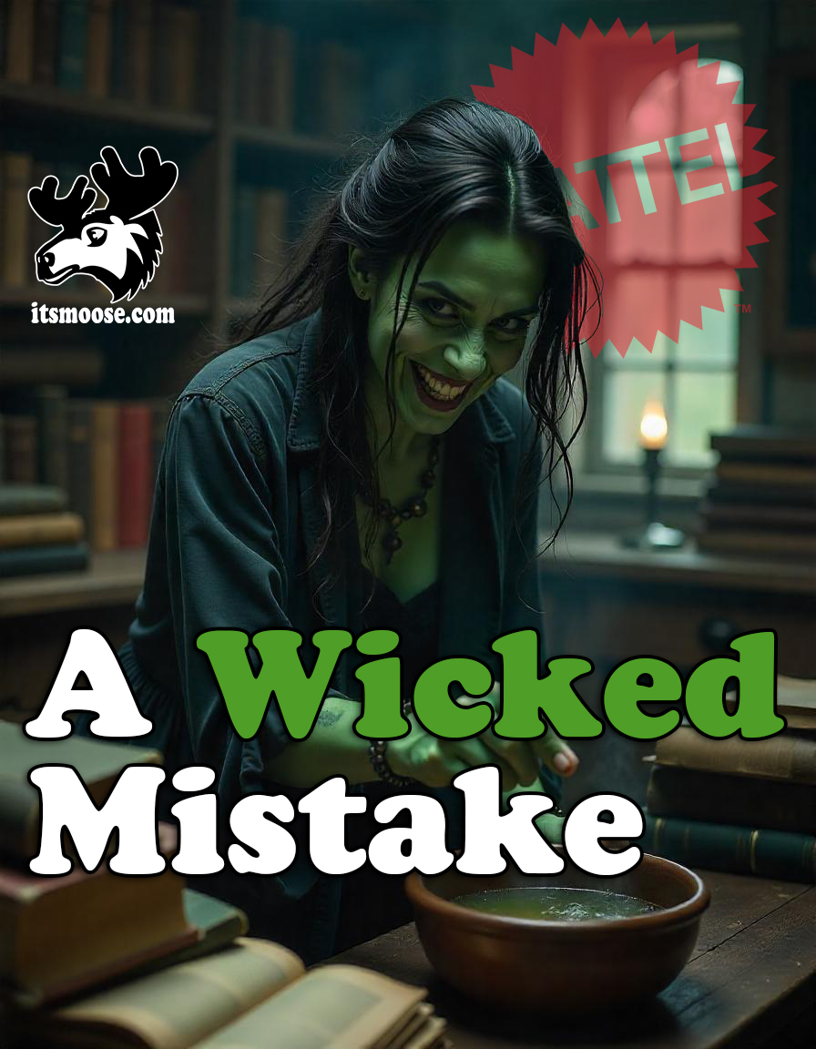 a green witch cackling in a library working on a potion; mattel's wicked mistake in graphic packaging design