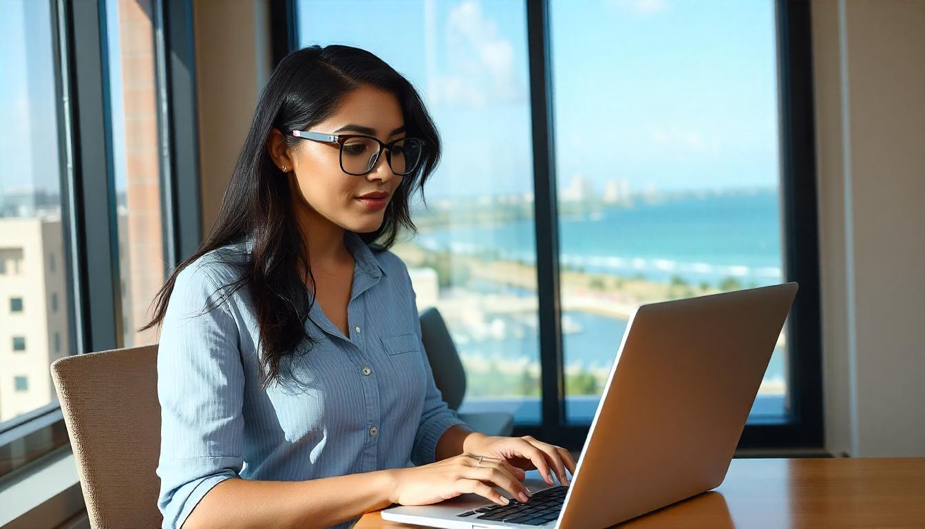 a young Hispanic woman with wearing glasses in an office with windows working on her laptop for a web design company