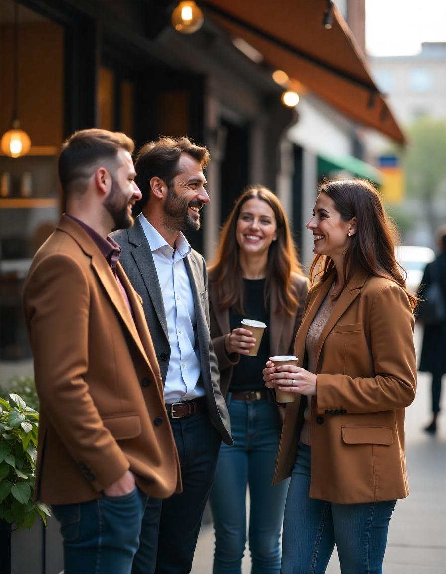 a group of local male and female business owners downtown in front of a coffee shop smiling and talking to each other about marketing local businesses