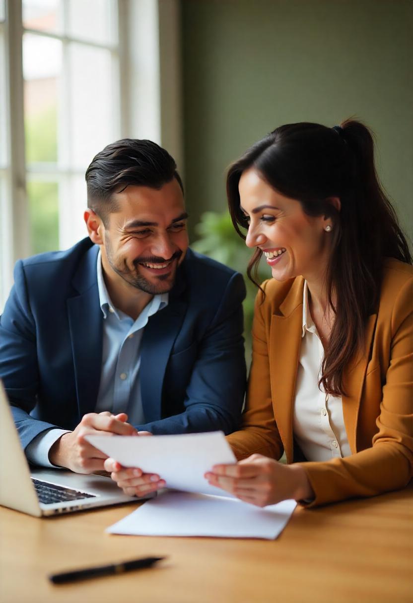 A hispanic male client sitting with a hispanic female digital marketer smiling at each other and going over a digital strategy for a brand in Corpus Christi