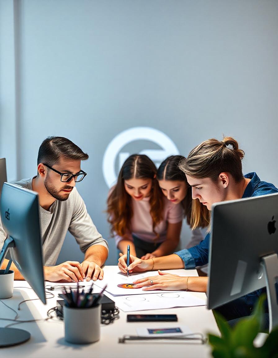 A team of male and female graphic designers working on designing a logo for a client, designing your own logo article