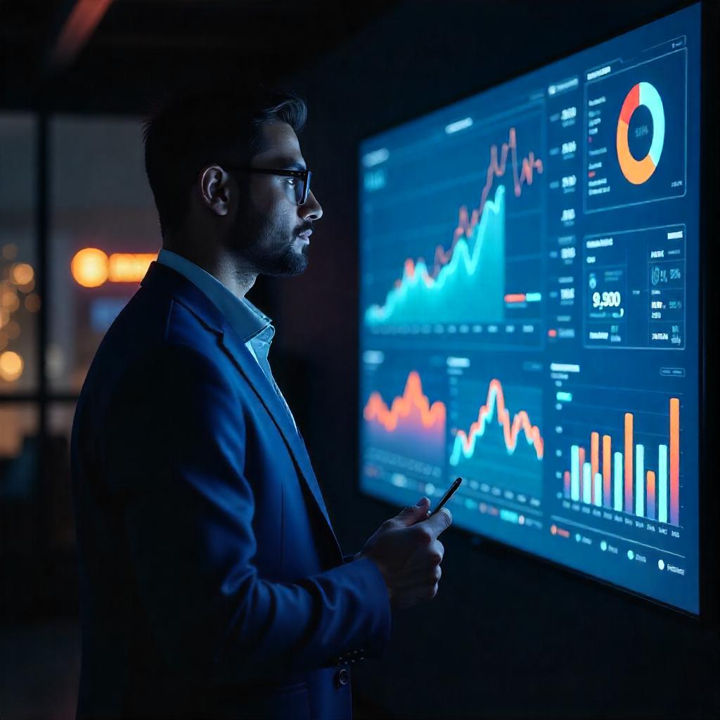 a young indian man wearing glasses and a blue suit looking at digital marketing metrics on a large screen, standing in a dark room