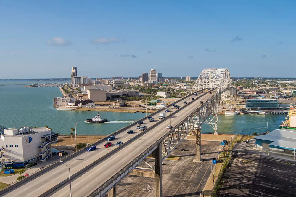 an aerial view of the old Harbor Bridge and downtown for article regarding marketing local businesses in Corpus Christi