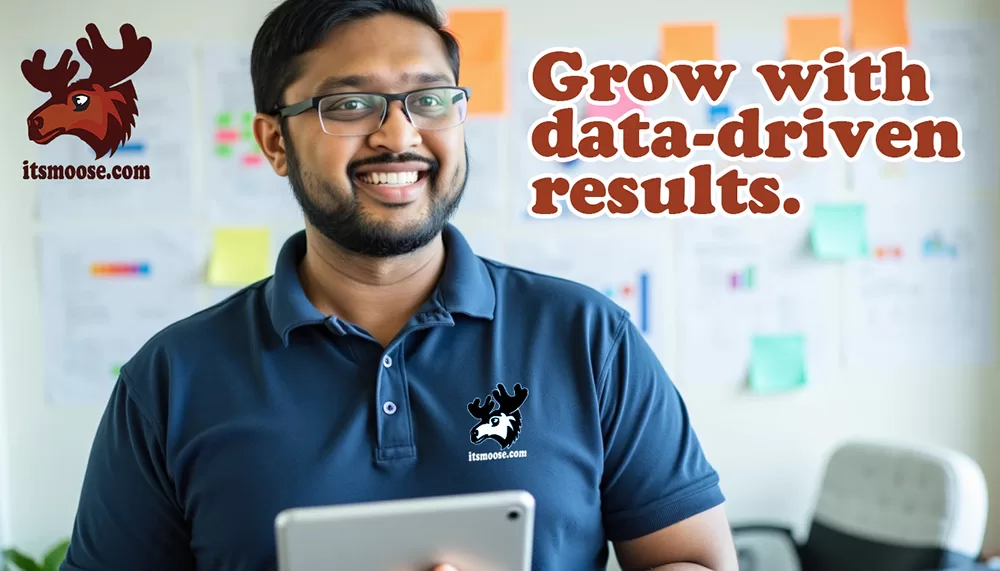 a call to action graphic with Musanna Al-Muntasir smiling and holding a tablet with sticky notes and data charts on a white wall behind him regarding marketing local businesses in Corpus Christi