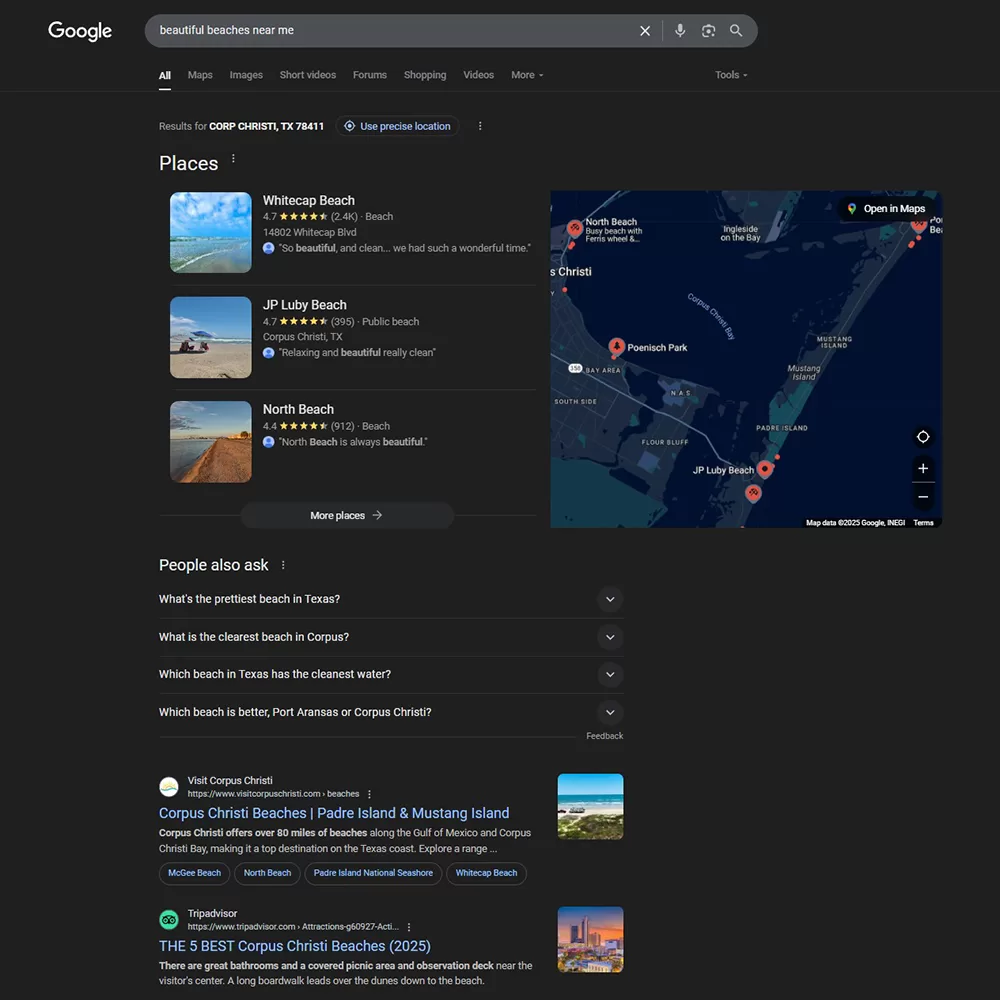 a screenshot of Google search rankings for the term "beautiful beaches near me," marketing local businesses in Corpus Christi