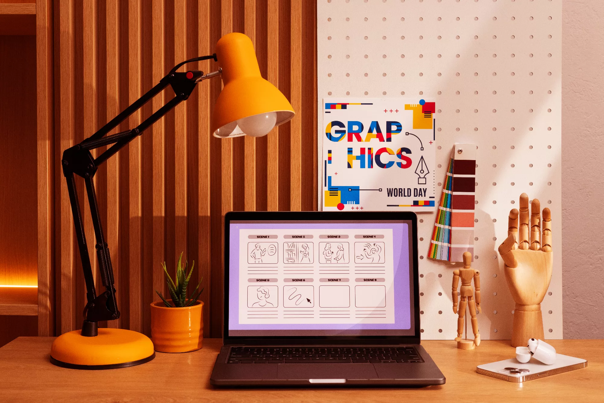 A laptop on a wooden desk with a lamp, a plant, a wooden mannequin, a color palette and a graphic design poster on a peg board wall