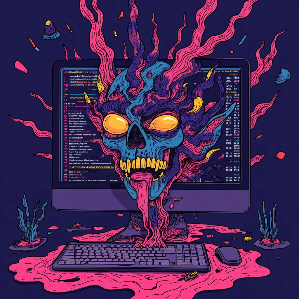 A desktop computer screen with absolute broken code and demon nightmare chaos vomiting from the screen onto the floor, bright office environment, custom web design agency