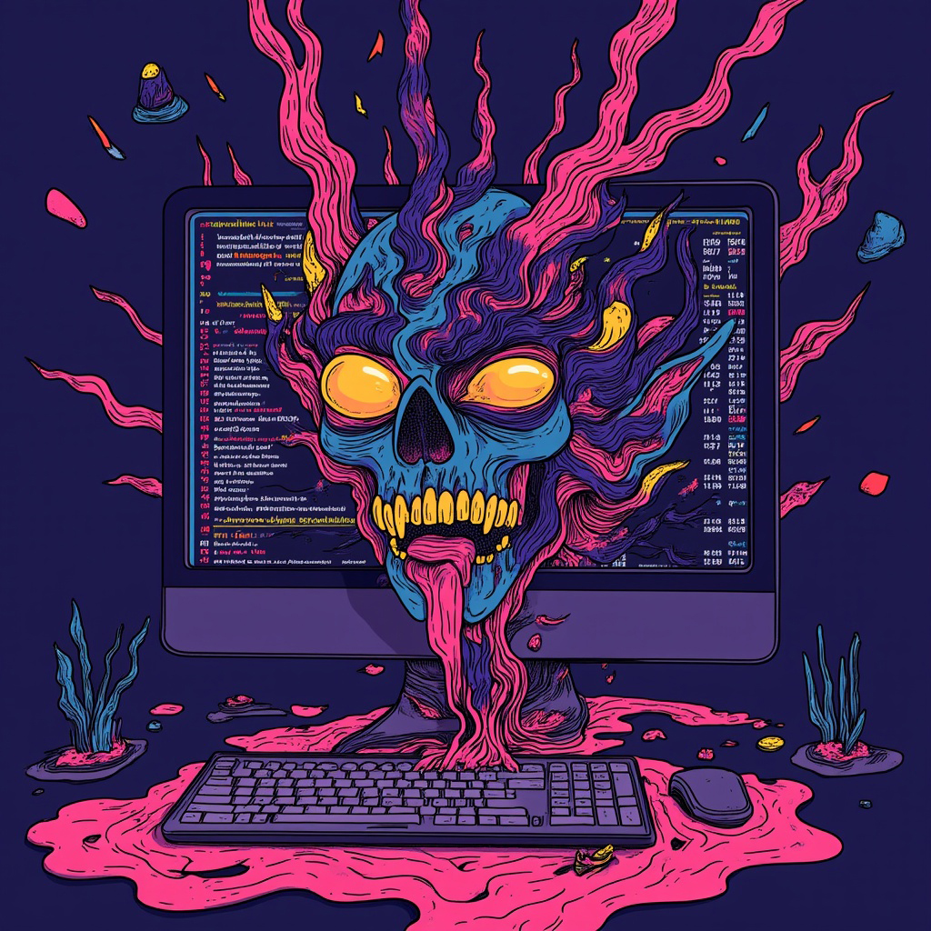 A desktop computer screen with absolute broken code and demon nightmare chaos vomiting from the screen onto the floor, bright office environment, custom web design agency