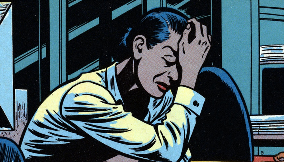 a woman crying at her desk about her digital marketing services do-it-yourself failure, comib book style art