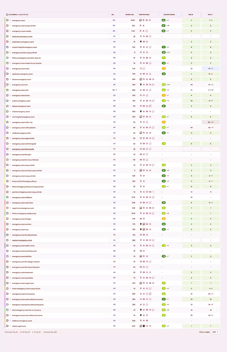 a spreadsheet with multiple rows and columns, containing a list of search engine optimization (SEO) keyword rankings for a client