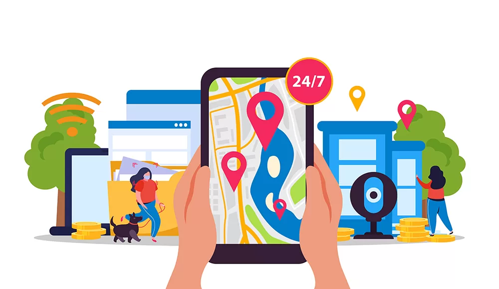 vector illustration of hands on tablet looking at local SEO and Google Maps in the city