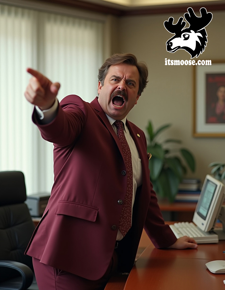 a gentlemen in a burgundy suit angrily pointing towards the viewer firing their digital marketing agency for no leads from a digital advertising agency this past year, he is standing behind a mahoghany desk in a corporate office with a window view, the desk has a 80s computer and staionary on it