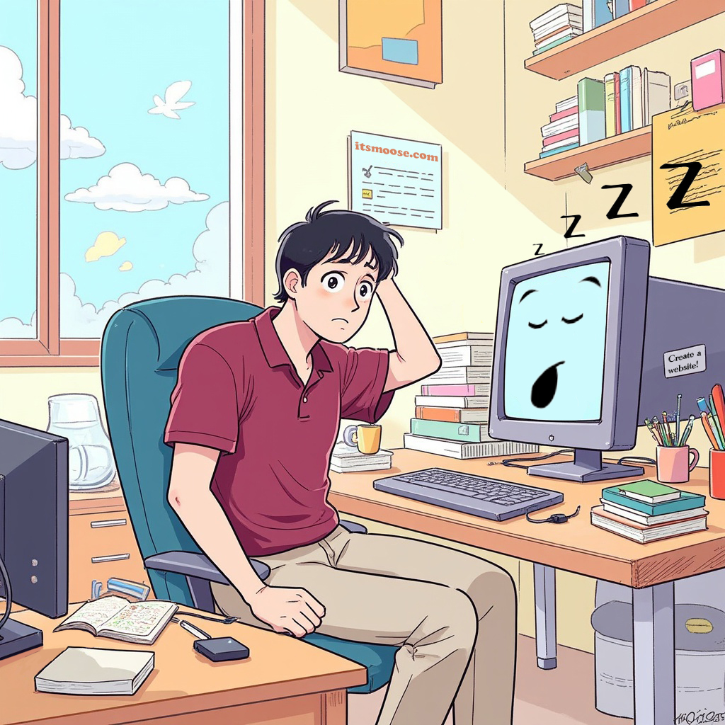 anime style cartoon of a lazy man in a marron polo shirt and khaki pants sitting at an office design with a sleeping face comptuer screen procrastinating about custom website design services