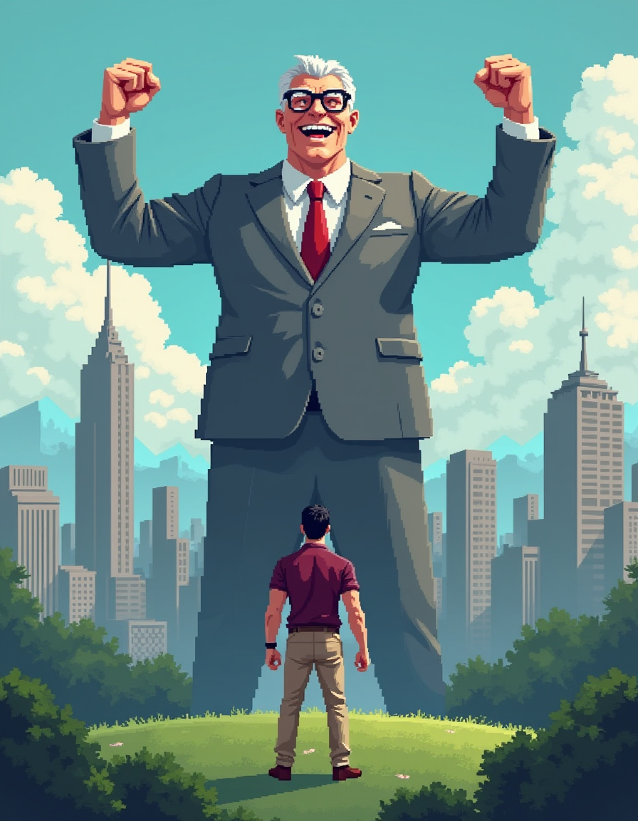 an image of a small hero representing local digital marketing agencies facing a giant evil corporate employee in a grey suit laughing evil representing big box agencies