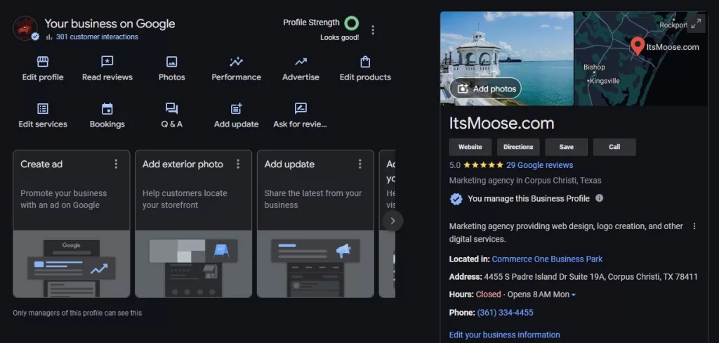 Google Business Profile screenshot of ItsMoose.com local SEO and Google Maps