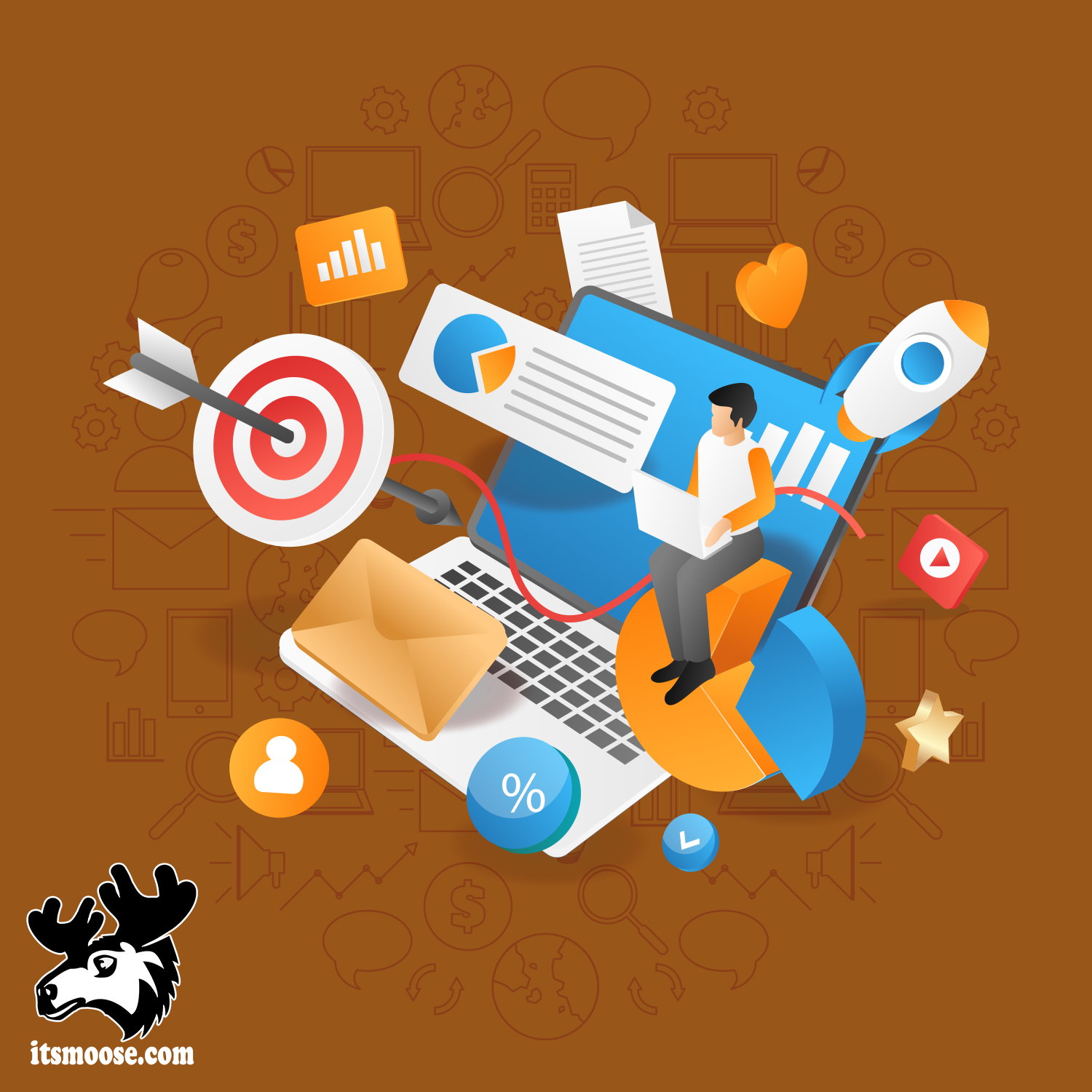 A vector illustration of a man with a laptop sitting on a pie chart, surrounded by a target, a rocket, an envelope, and other marketing elements, on a brown background for the SEO in digital marketing article
