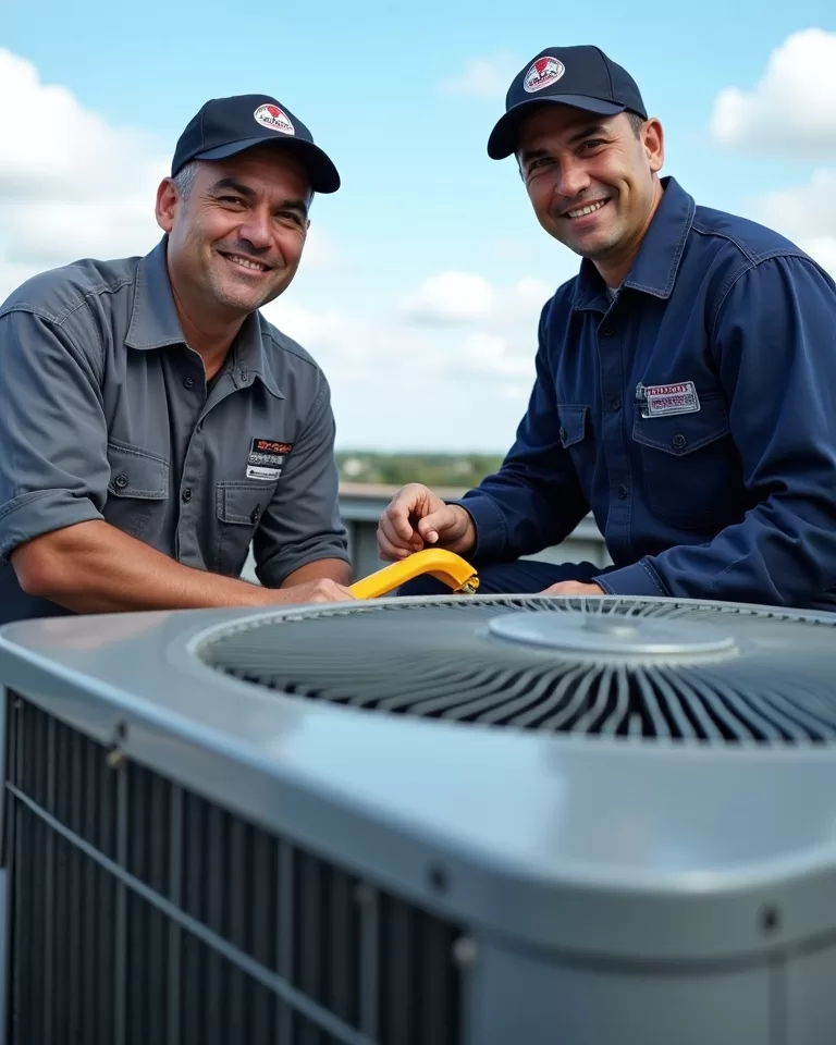two hispanic HVAC professionals smiling and working on a rooftop AC unit, hvac web design article