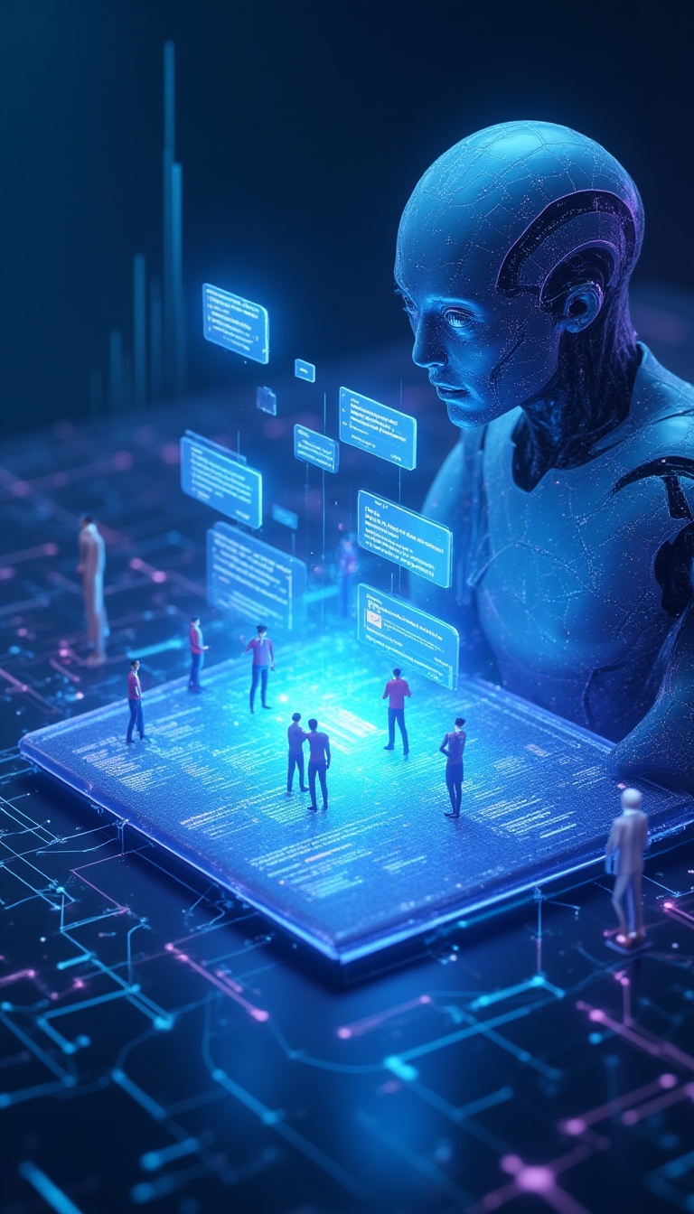 Futuristic digital scene showing AI SEO in action with a glowing interface, holographic queries, and an AI analyzing search behavior