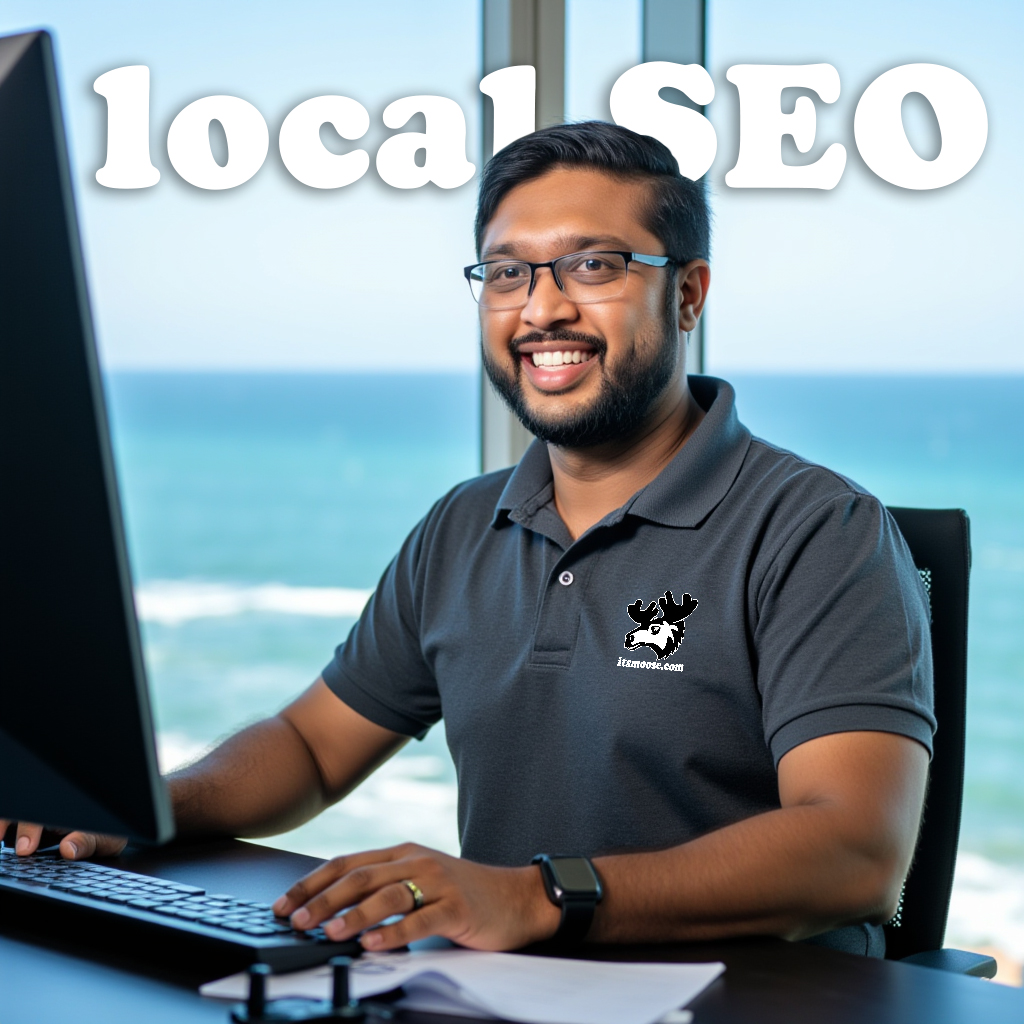 itsmoose.com local seo company employee smiling and owrking on a computer