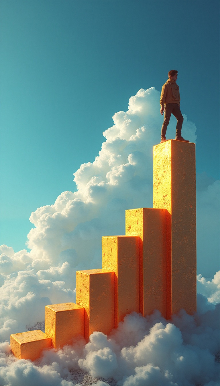 a man climbing golden blocks into a teal blue sky representing higher search engine rankings